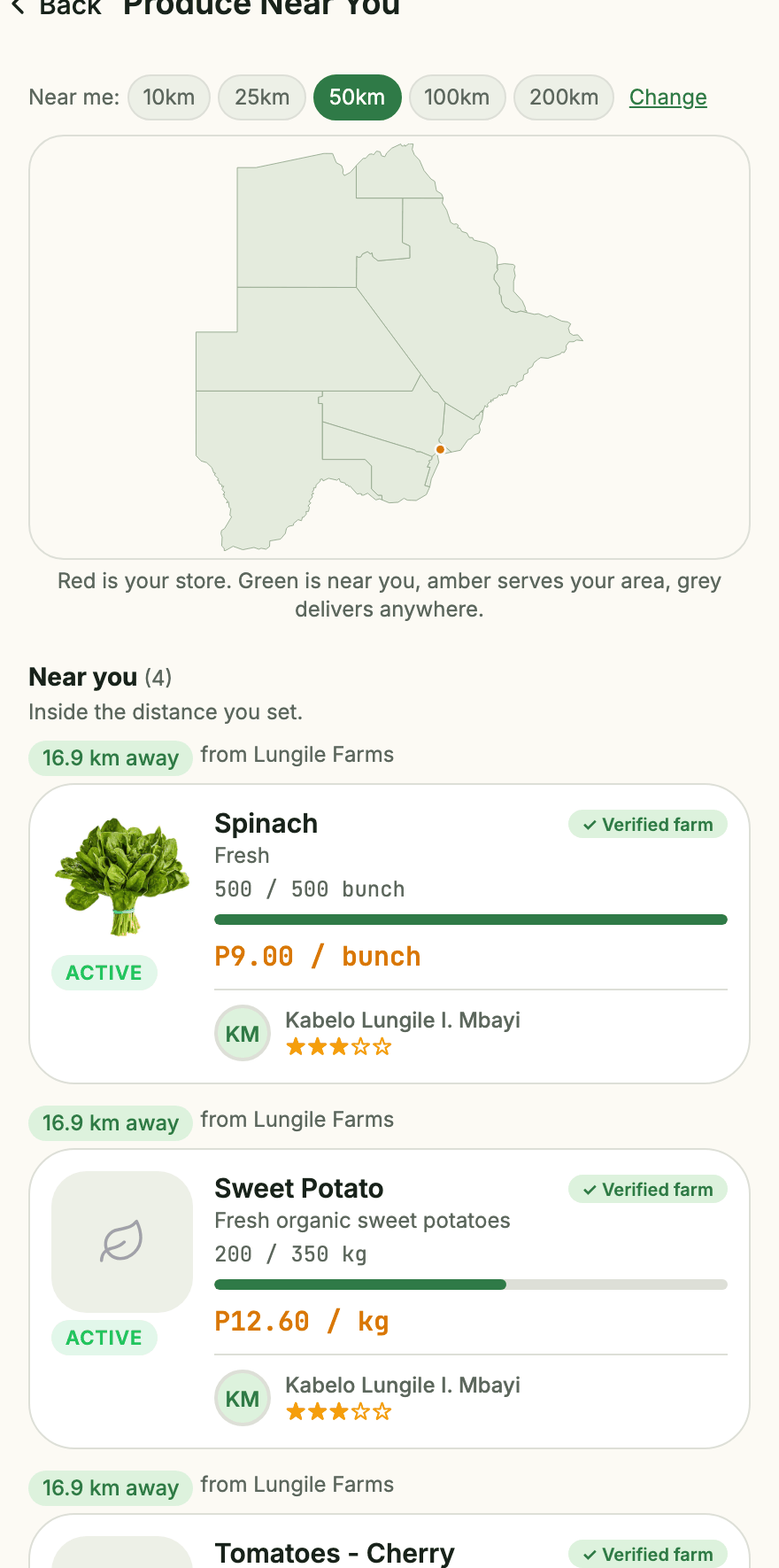 A map of Botswana showing farmers by district and distance from the buyer