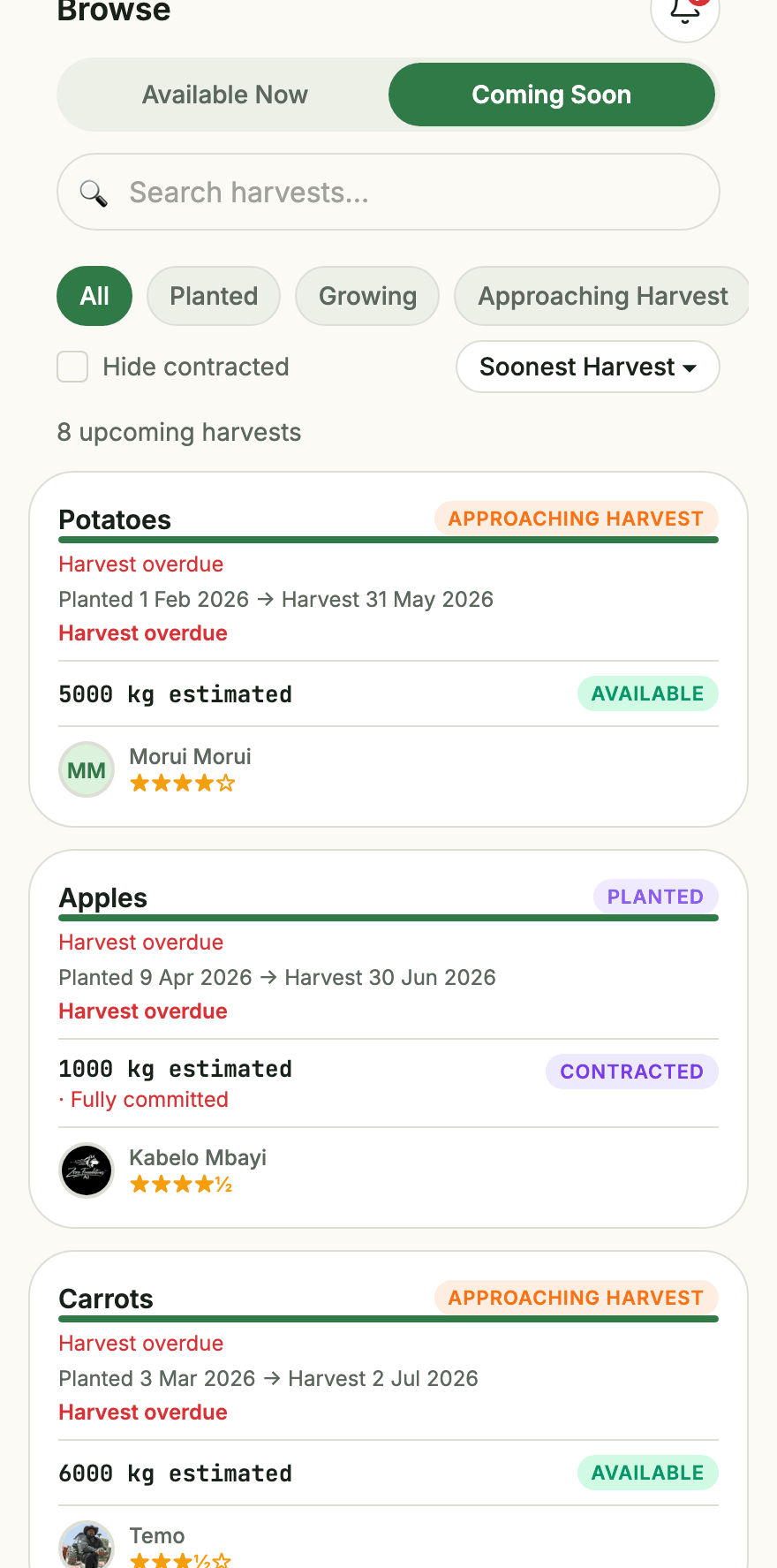 A list of upcoming harvests showing growing stage, expected yield and harvest date