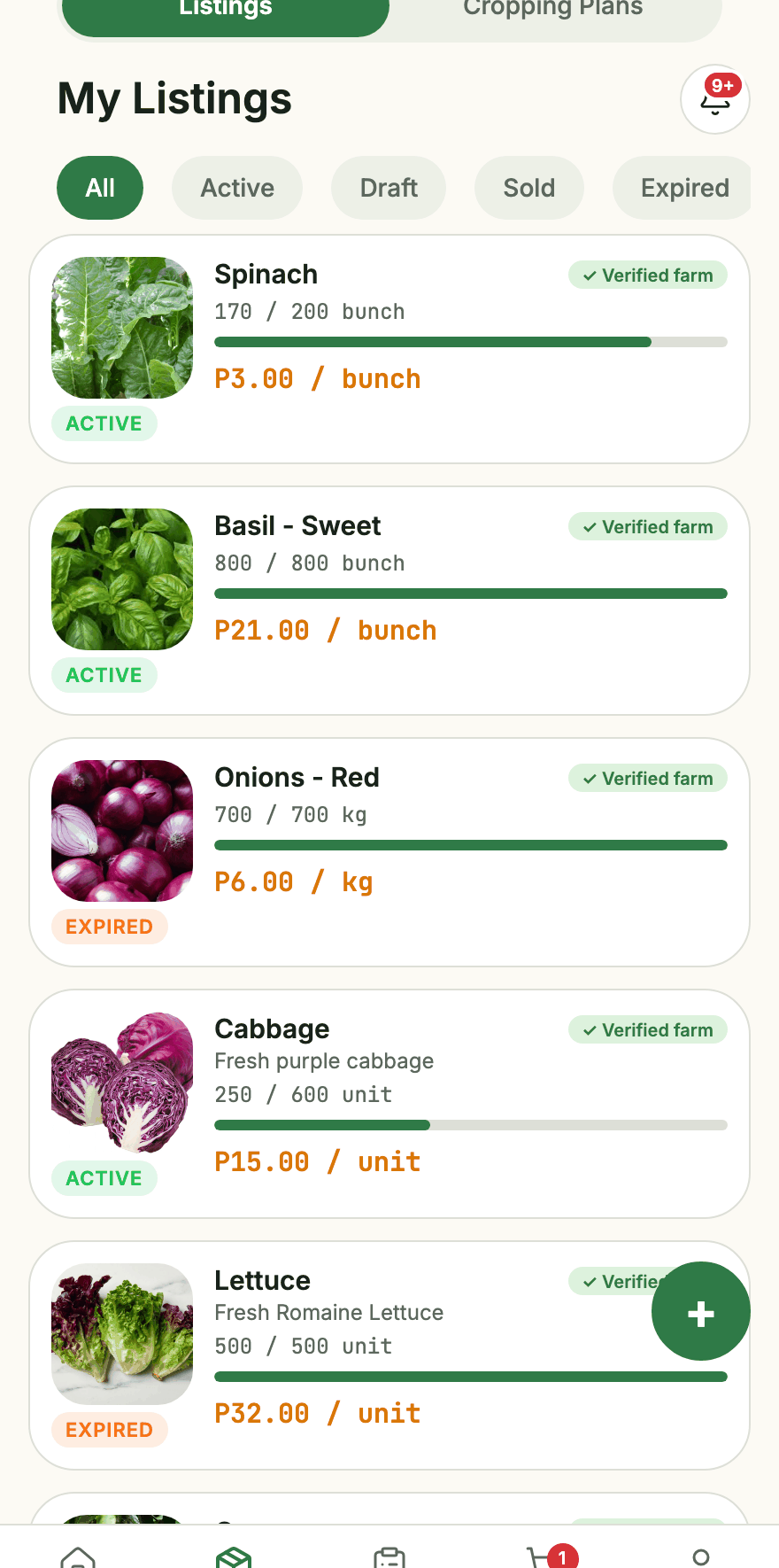 A list of a farmer’s produce listings, each marked with a verified farm badge