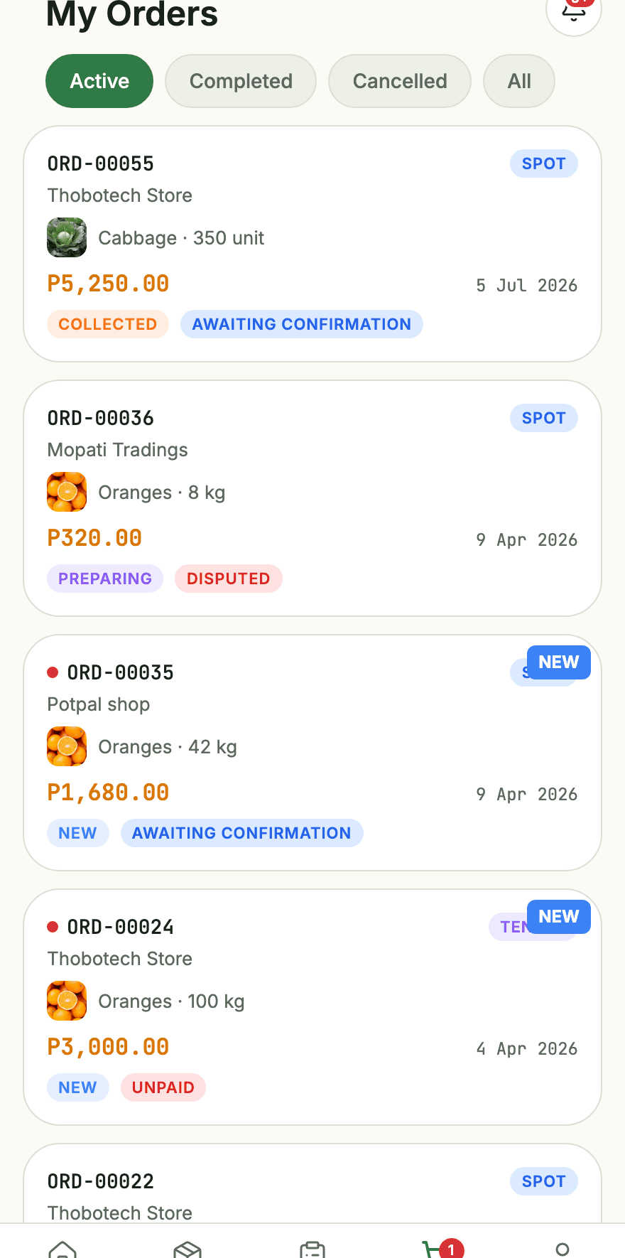 A list of orders showing delivery status and payment state